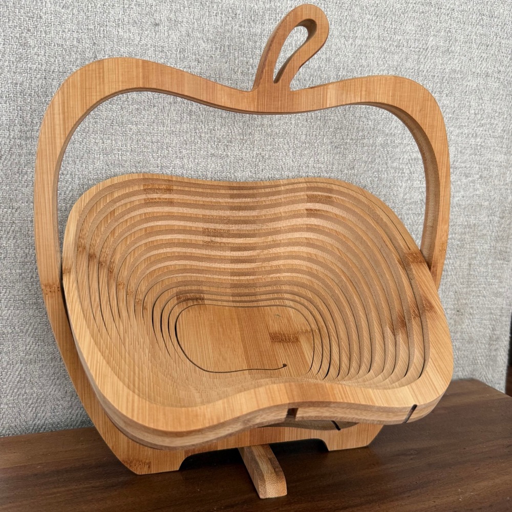 Farmhouse Bamboo Apple Shaped Collapsible Fruit Basket Wood Folding Bowl Trivet